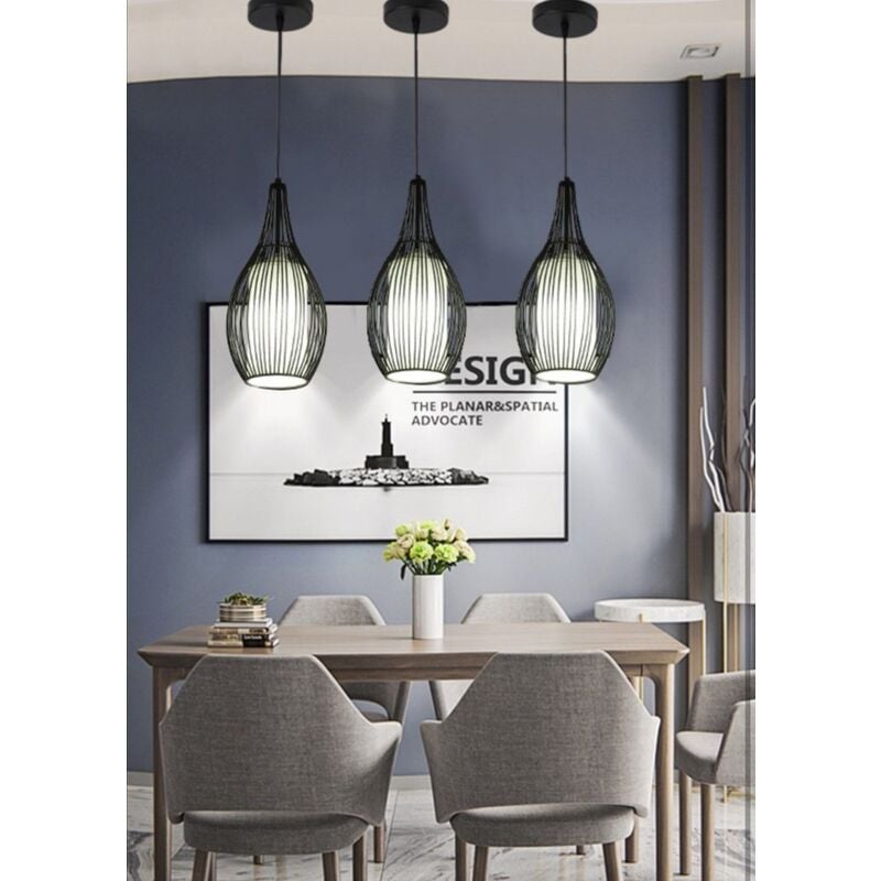 foto del prodotto lampadario sospensione goccia gabbia metallo e27 pendente a filamenti retr nero bianco nero