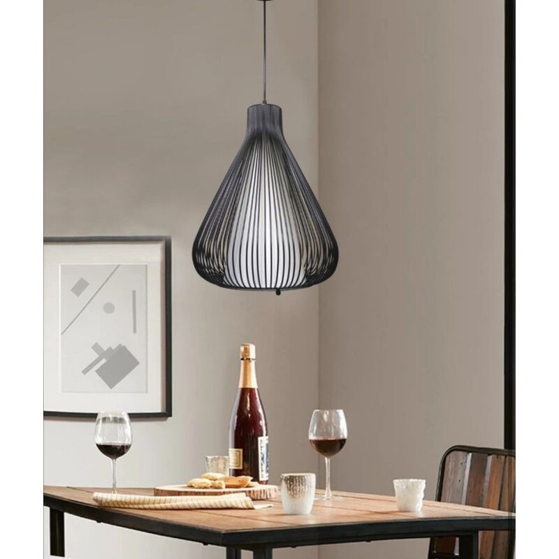 foto del prodotto lampadario sospensione goccia gabbia metallo e27 pendente moderno nero bianco nero