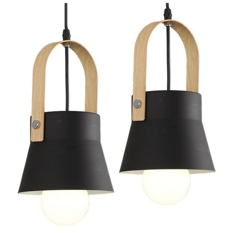 foto del prodotto lampadario sospensione moderno illuminazione sospensione metallo e legno lampada da soffitto nero 2 pezzi