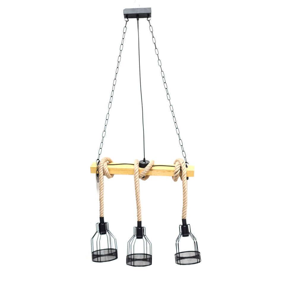 foto del prodotto lampadario sospensione vintage e27 canapa retro country legno gabbia industriale