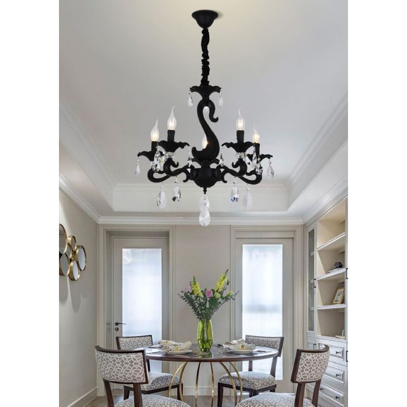 foto del prodotto lampadario sospeso classico con cristalli a 5 luci e14 design vintage pendente nero bianco cucina camera salotto nero