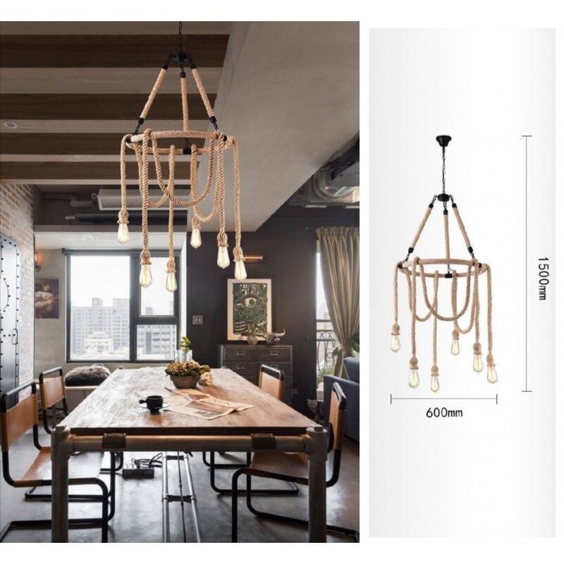 foto del prodotto lampadario sospeso con corda di canapa e27 cerchio portalampada pendente attacco grande design vintage rustico