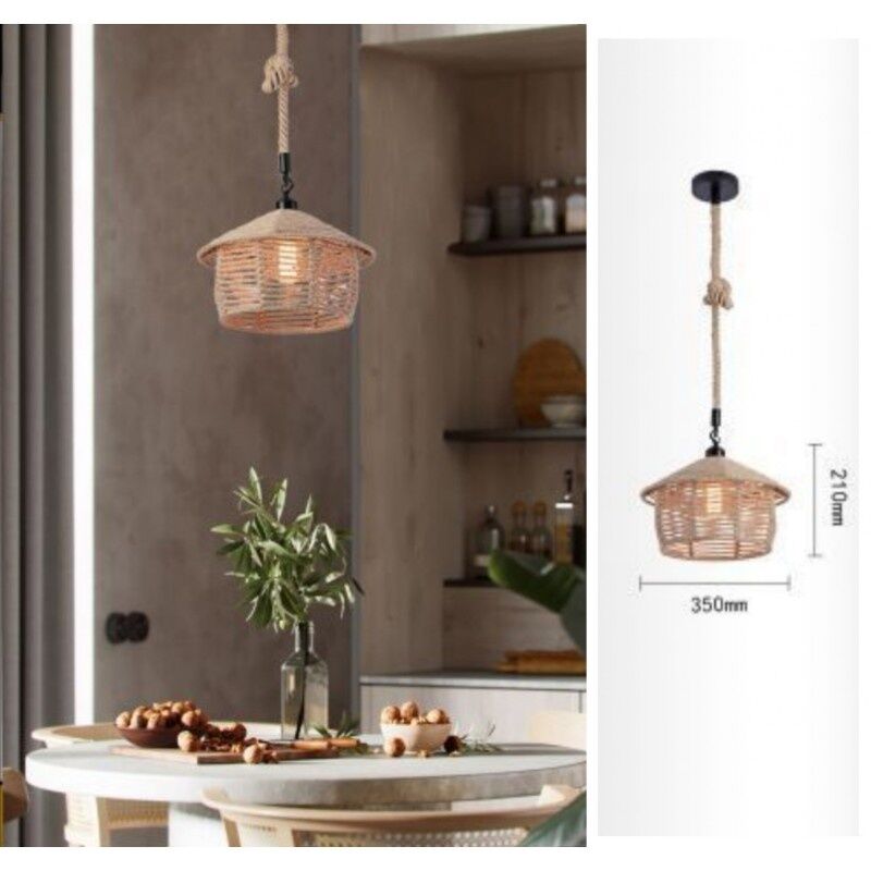 foto del prodotto lampadario sospeso con corda di canapa e27 portalampada attacco grande pendente da soffitto design vintage rustico