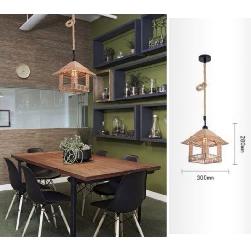 foto del prodotto lampadario sospeso con corda di canapa e27 portalampada attacco grande pendente da soffitto design vintage rustico