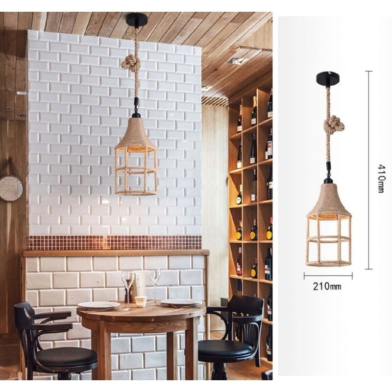 foto del prodotto lampadario sospeso con corda di canapa e27 portalampada campana attacco grande pendente da soffitto design vintage rustico