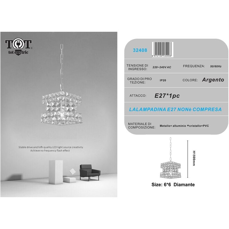 immagine 0 del prodotto lampadario sospeso cubo con cristalli lampada luce led attacco e27 oro argento quadrato per camera cucina soggiorno argento