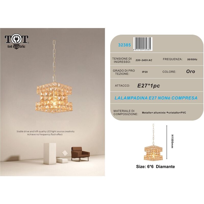 foto del prodotto lampadario sospeso cubo con cristalli lampada luce led attacco e27 oro argento quadrato per camera cucina soggiorno oro