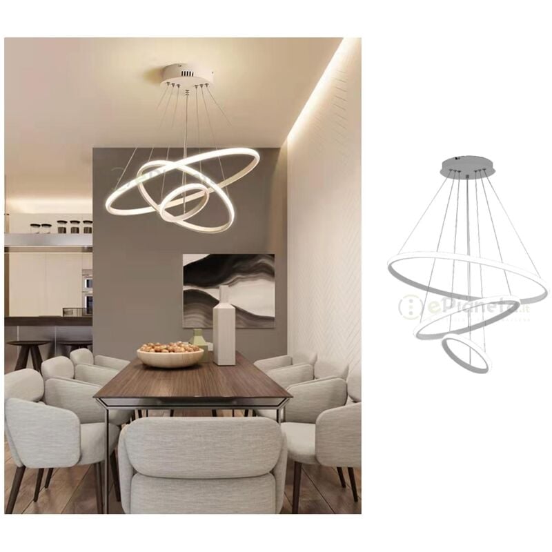 foto del prodotto lampadario sospeso led 100w 3 cerchi pendente cerchio rotondo con anelli bianco design moderno per camera salotto bianco freddo