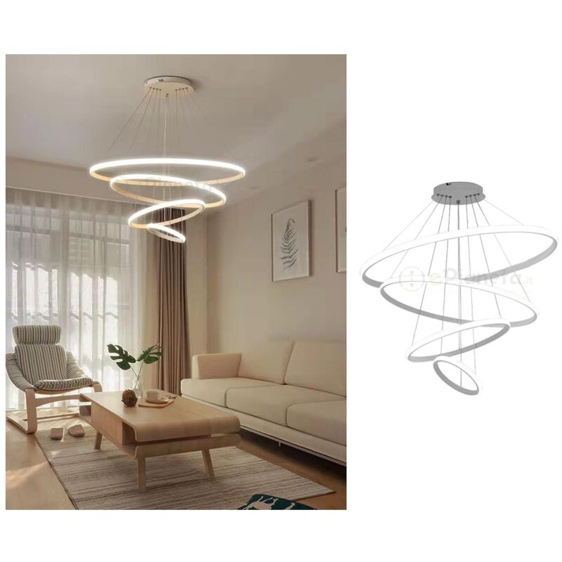 foto del prodotto lampadario sospeso led 120w 4 cerchi pendente cerchio rotondo con anelli bianco design moderno per camera salotto naturale