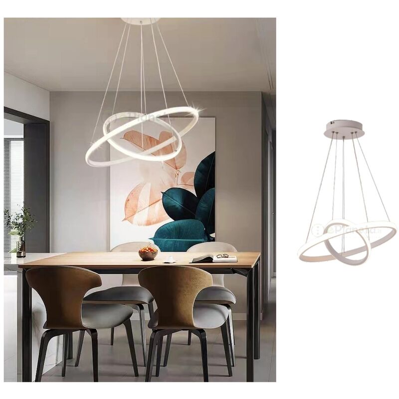 foto del prodotto lampadario sospeso led 60w 2 cerchi pendente cerchio rotondo con anelli bianco design moderno per camera salotto naturale