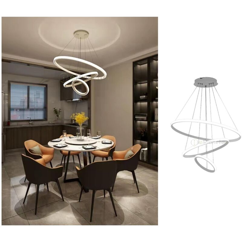 foto del prodotto lampadario sospeso led 72w 3 cerchi pendente cerchio rotondo con anelli bianco design moderno per camera salotto naturale