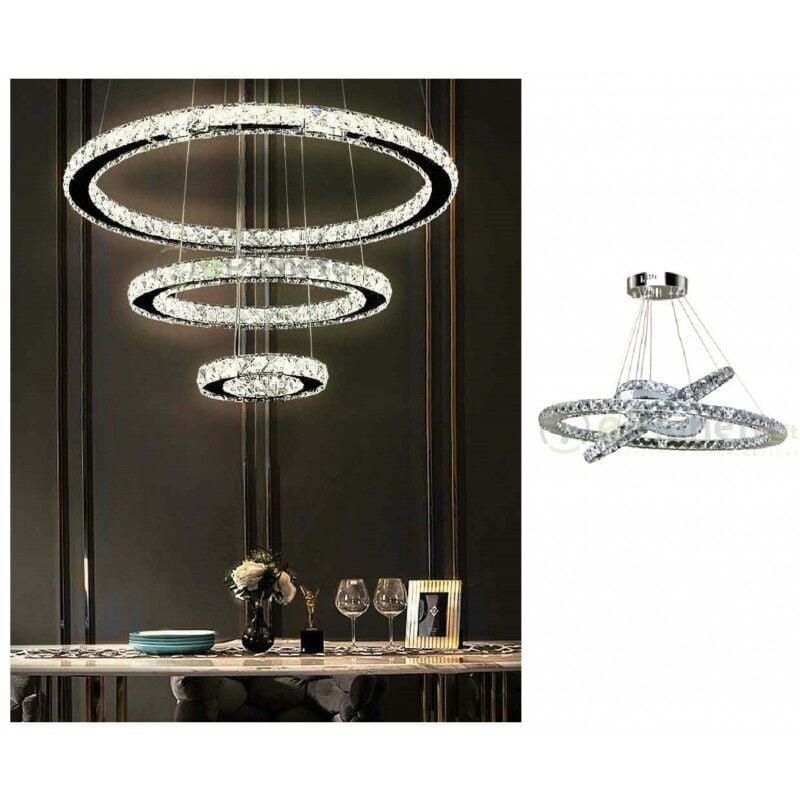 foto del prodotto lampadario sospeso luce led 55w 3 cerchi anelli cristallo design moderno cromato argento lampada da soffitto circolare