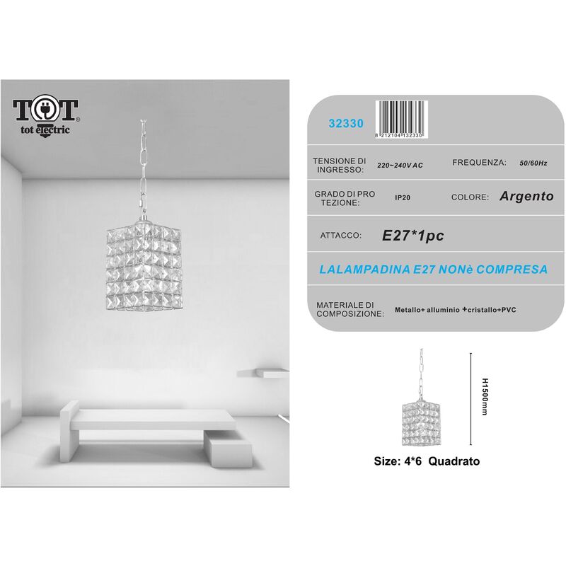 foto del prodotto lampadario sospeso rettangolare con cristalli lampada geometrico luce led attacco e27 oro argento per camera cucina soggiorno argento