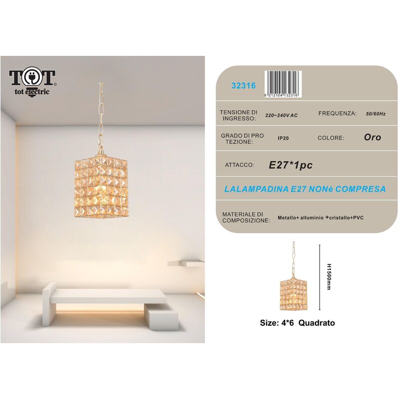 foto del prodotto lampadario sospeso rettangolare con cristalli lampada geometrico luce led attacco e27 oro argento per camera cucina soggiorno oro