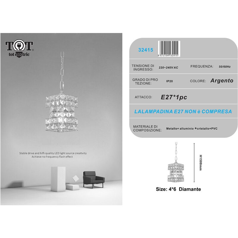 foto del prodotto lampadario sospeso rettangolare intrecciato con cristalli lampada luce led attacco e27 oro argento per camera cucina soggiorno argento