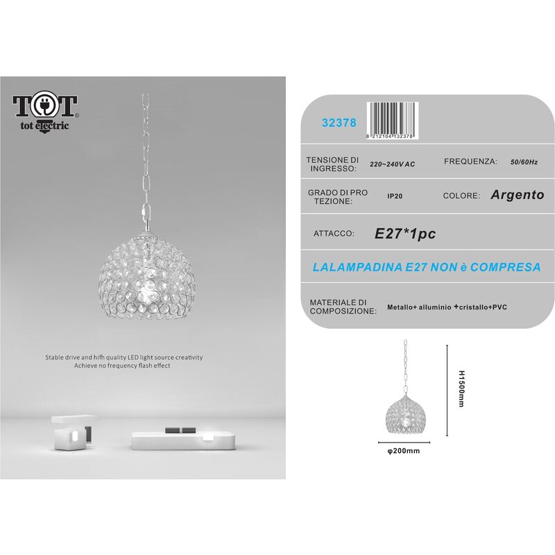 foto del prodotto lampadario sospeso tondo cupola con cristalli lampada mezza sfera luce led attacco e27 oro argento per camera cucina soggiorno 200 mm argento