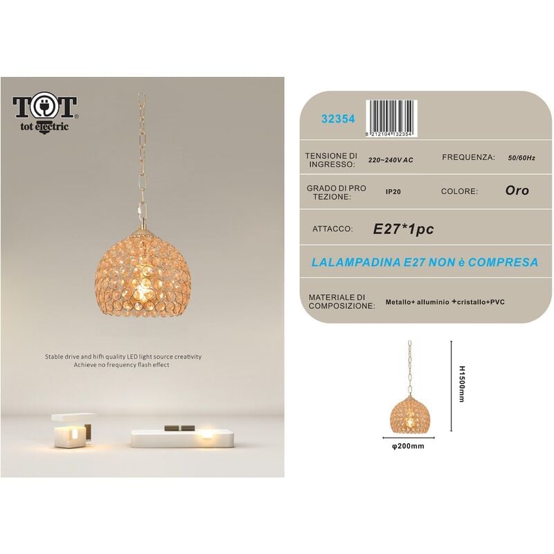 foto del prodotto lampadario sospeso tondo cupola con cristalli lampada mezza sfera luce led attacco e27 oro argento per camera cucina soggiorno 200 mm oro