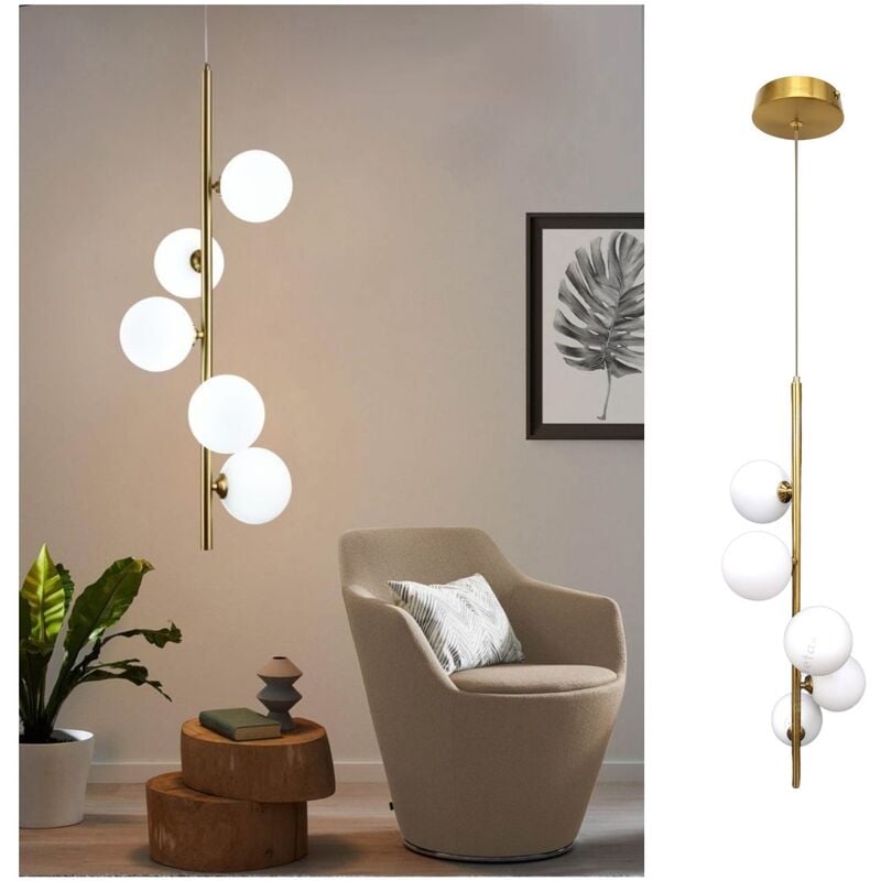 foto del prodotto lampadario sospeso verticale oro con sfere bolle bianche in vetro design moderno attacco g9 per camera soggiorno