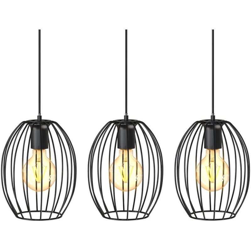 foto del prodotto lampadario vintage, adatto per 3 lampadine e27 non incluse, largo 70cm, alto 112cm, lampada a sospensione con paralumi a filo, metallo nero