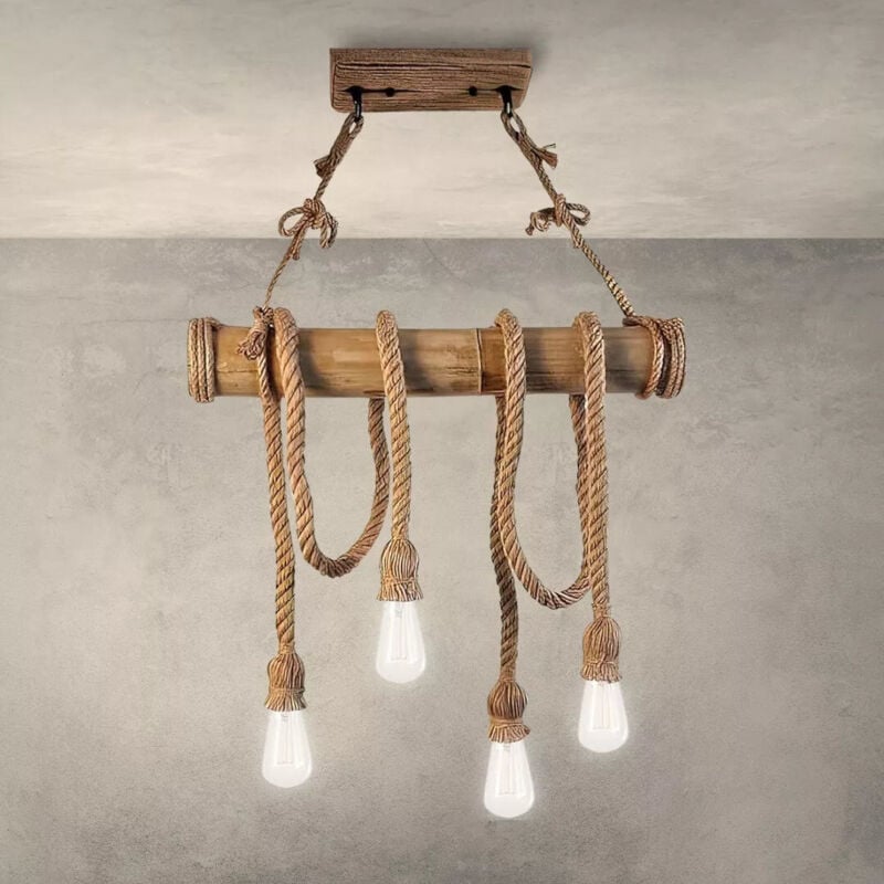 foto del prodotto lampadario vintage in corda di bamb e canapa, 4 teste e27 da soffitto. ideale per arredamento rustico o retr , illuminazione potente e materiali