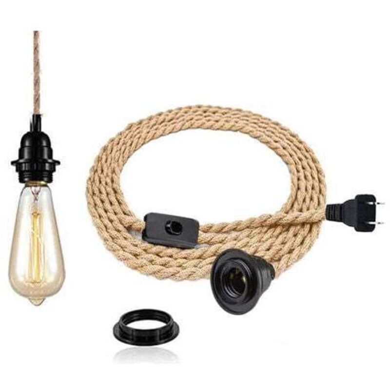 foto del prodotto lampadario vintage in corda di canapa da 4,5 metri presa e27 retr con interruttore lampada a sospensione in corda