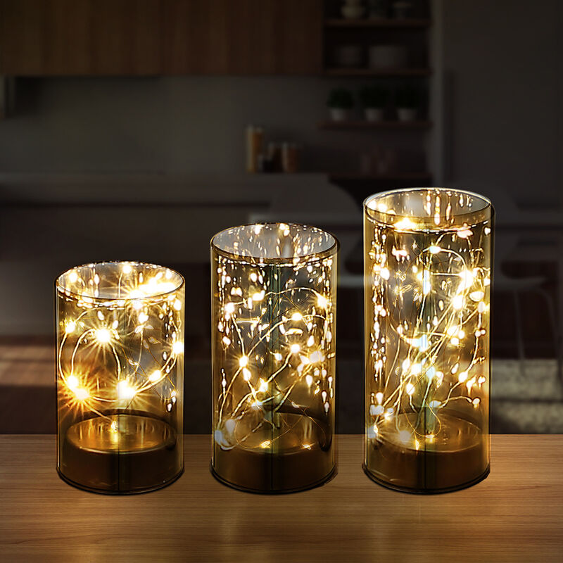 foto del prodotto lampade da tavolo lampada decorativa in vetro fum lanterna in vetro a led, timer, batterie, bianco caldo, h 12,5 15 17,5 cm, set da 3