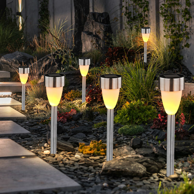 foto del prodotto lampade plug in, luce solare, lampione da giardino, lampione, patio, batteria ip44, picchetto da terra, effetto fuoco, acciaio inox, bianco e nero