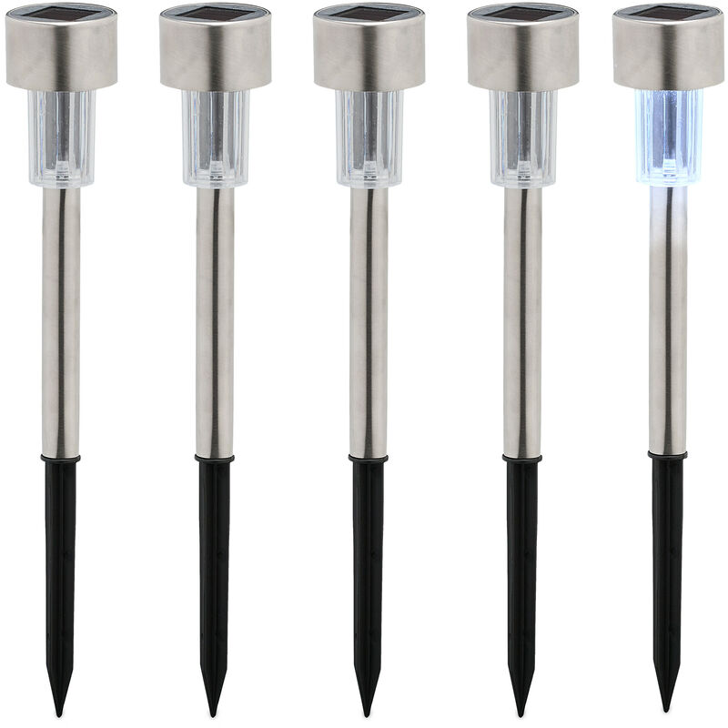 foto del prodotto lampade solari da giardino, set 5, led luce bianca impermeabile, sensore di luminosit , h x d 31 x 4,5, nero relaxdays