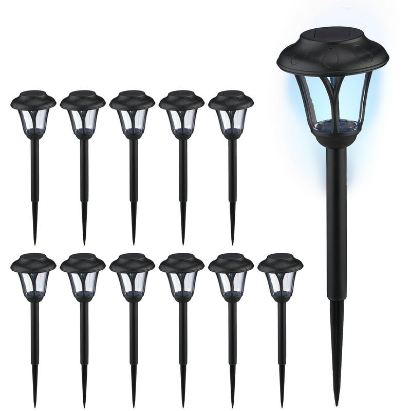 foto del prodotto lampade solari da giardino, set da 12, led luce con paletto per fissaggio, per esterni, hxd 39 x 11 cm, nero relaxdays