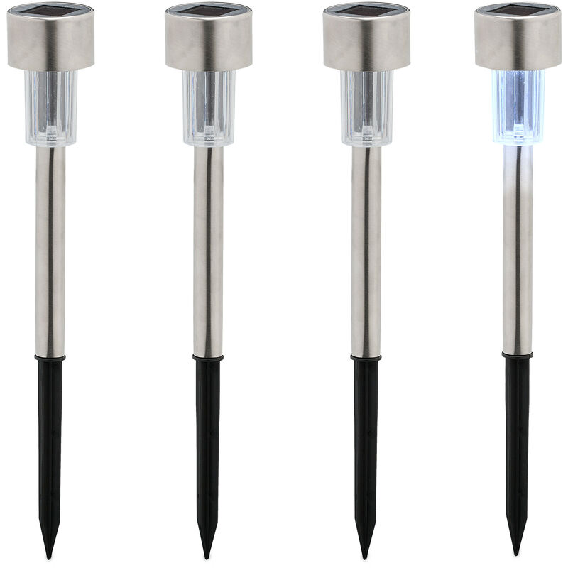 foto del prodotto lampade solari da giardino, set da 4, led luce bianca impermeabile, sensore di luminosit , hxd 31 x 4,5, nero relaxdays