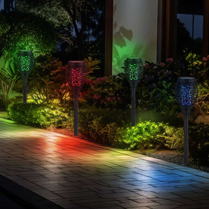 foto del prodotto lampade solari effetto fuoco con picchetti a luce solare per esterni che cambiano colore illuminazione solare esterna da giardino, perforazioni, 8