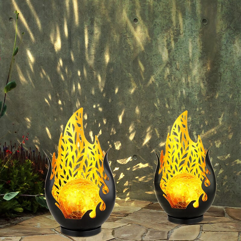 foto del prodotto lampade solari per decorazioni da giardino per esterni, decorazioni per balconi esterni sfera di vetro ottica fiamma oro nero, batteria ip44 metallo,