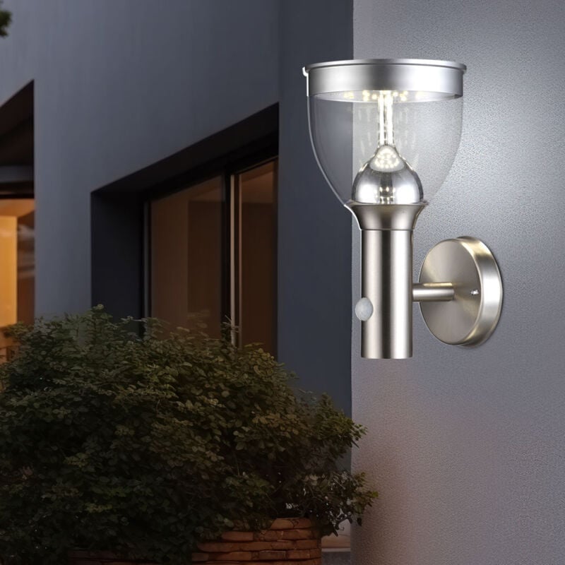 foto del prodotto lampade solari per esterno giardino faretti solari grigio chiaro per esterno con rilevatore di movimento applique solari in acciaio inox, sensore,