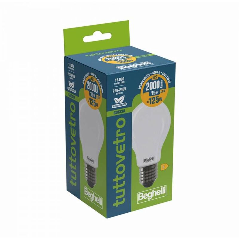 foto del prodotto lampadina a led tuttovetro goccia 15w e27 3k luce calda
