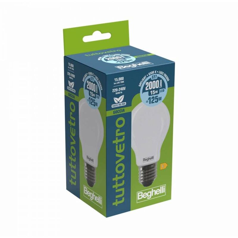 foto del prodotto lampadina a led tuttovetro goccia 15w e27 6k5 luce fredda