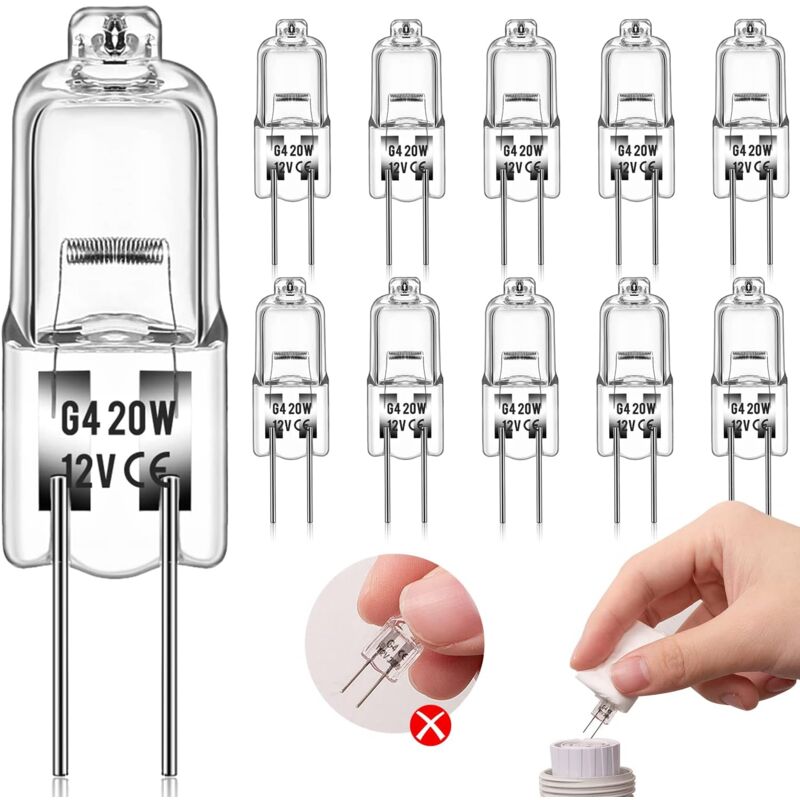 foto del prodotto lampadina alogena g4 10 pezzi 12v 20w 2800k, luce bianca calda, utilizzata per sostituire lampadari in cristallo e neon