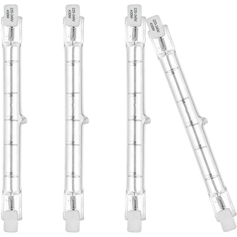 foto del prodotto lampadina alogena r7s 118 mm tipo j, 400 w, 230 v, 3100 lm, bianco caldo 2700 k, per lavoro, sicurezza, giardino e illuminazione stradale confezione