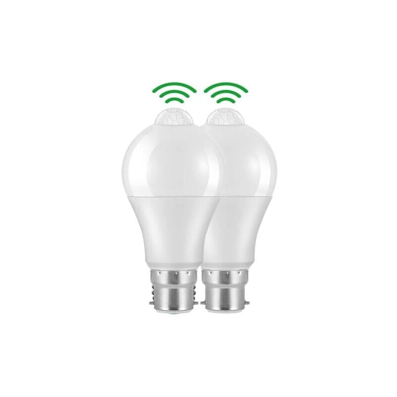 foto del prodotto lampadina con sensore di movimento led b22 a baionetta da 2 pezzi, 12w, 1020lm, bianco freddo 6000 k, cir 85, impermeabile ip42 a risparmio