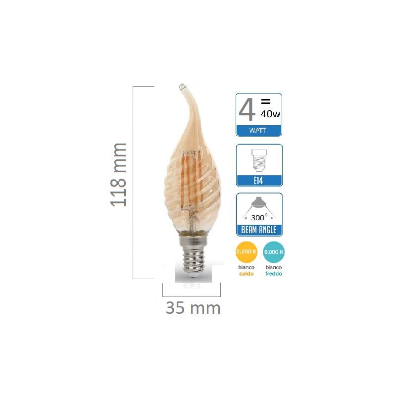 foto del prodotto lampadina e14 led filamento lampada vintage oliva fiamma codino tortiglione globo sfera candela 4w ambra luce calda