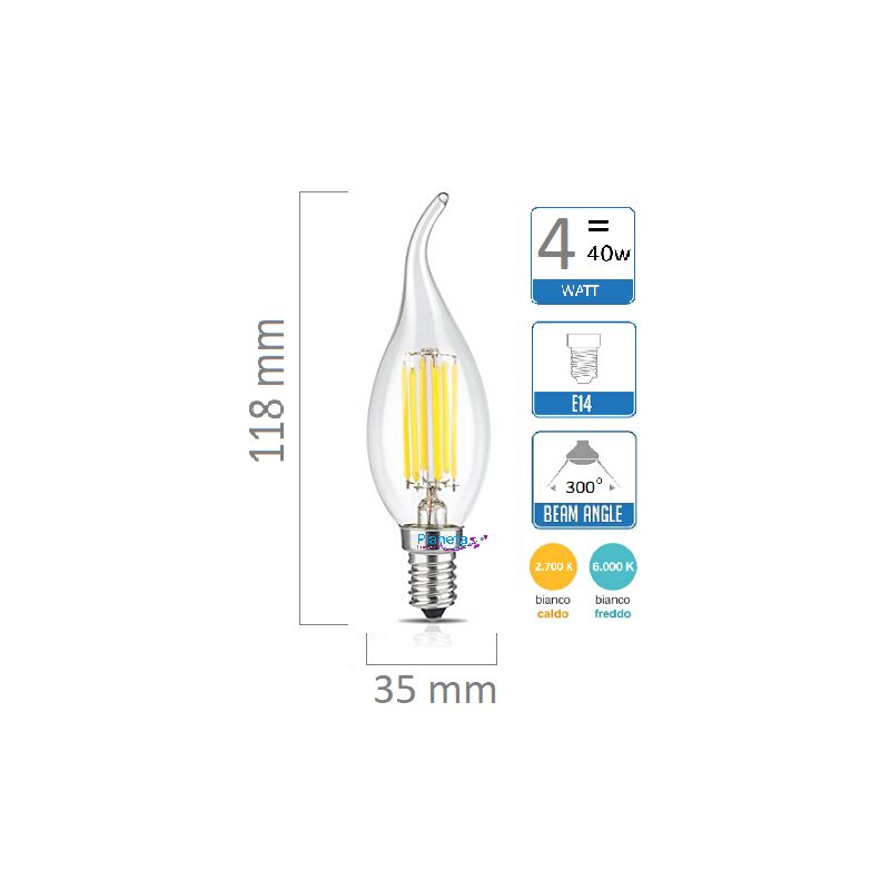 foto del prodotto lampadina e14 led filamento lampada vintage oliva fiamma codino tortiglione globo sfera candela 4w trasp. luce calda