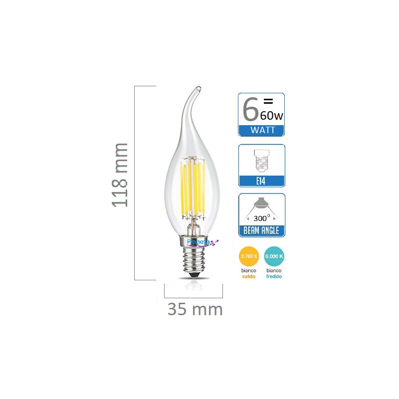 foto del prodotto lampadina e14 led filamento lampada vintage oliva fiamma codino tortiglione globo sfera candela 6w trasp. luce calda