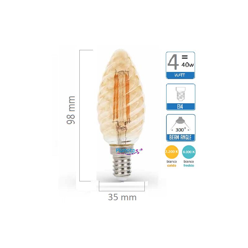 foto del prodotto lampadina e14 led filamento lampada vintage oliva fiamma codino tortiglione globo sfera oliva 4w ambra luce fredda