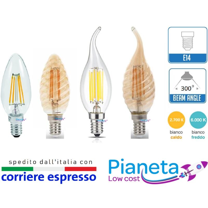 foto del prodotto lampadina e14 led filamento lampada vintage oliva fiamma codino tortiglione globo sfera oliva 4w traparente luce calda