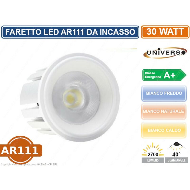 foto del prodotto lampadina faretto led incasso ar111 30w con riflettore 40 2700 lumen colore bianco colore luce bianco caldo