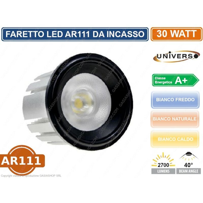 foto del prodotto lampadina faretto led incasso ar111 30w con riflettore 40 2700 lumen colore nero colore luce bianco naturale
