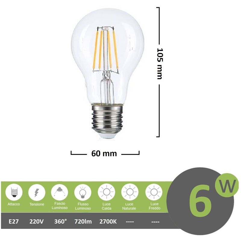 foto del prodotto lampadina filamento led 6w attacco grande e27 a60 bulbo sfera trasparente luce calda 2700k