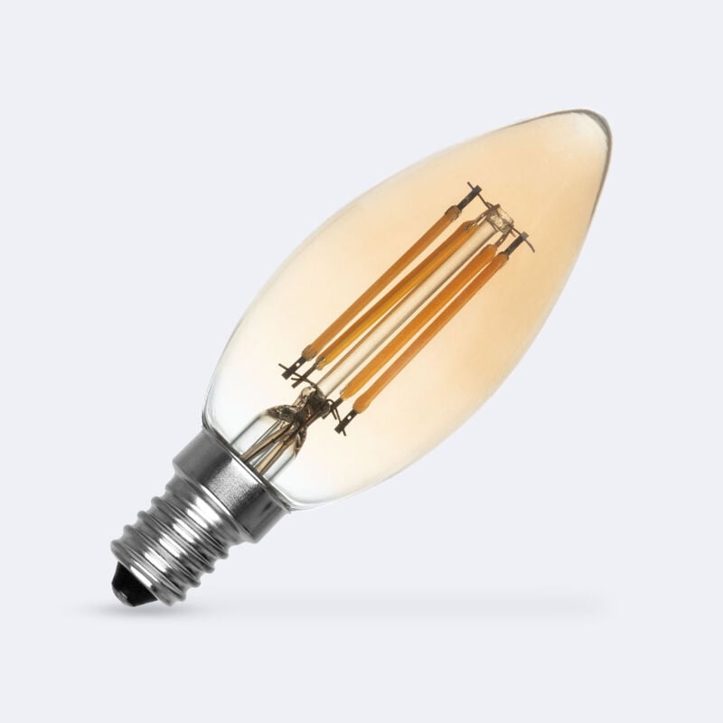 foto del prodotto lampadina filamento led e14 c35 6w 600 lm regolabile candela gold no flicker 2700k bianco caldo