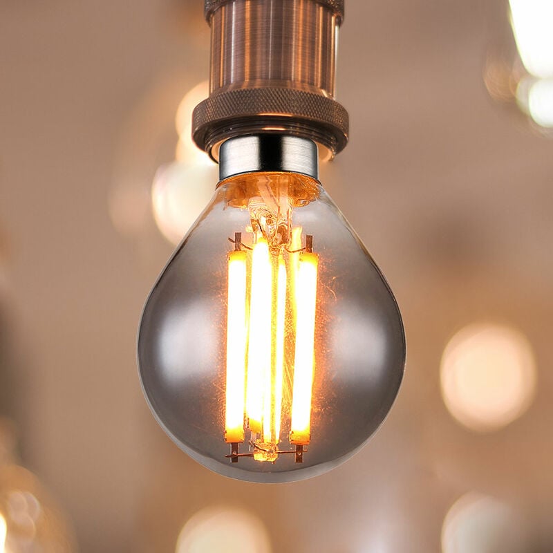 foto del prodotto lampadina globo led lampadina in vetro vintage fum , 1x led attacco e14 6 watt 380 lumen 1800 kelvin bianco caldo, alluminio argento, dxh 4,5x7,8cm