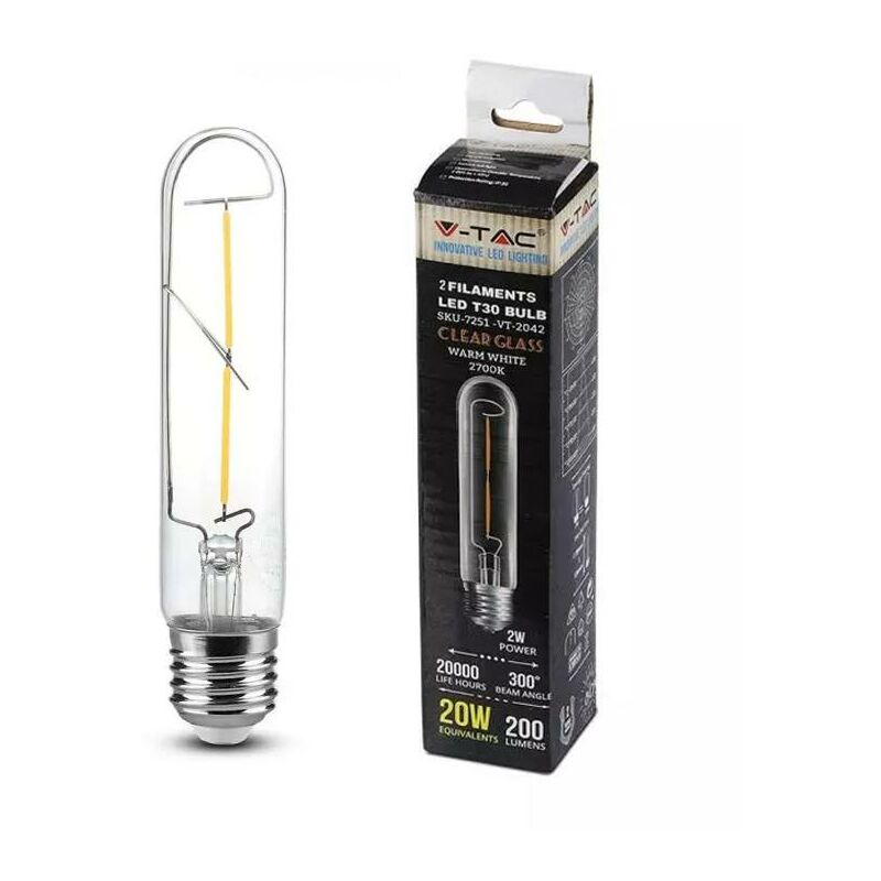 foto del prodotto lampadina led 2w t30 e27 filamento bianco caldo 2700k luce calda