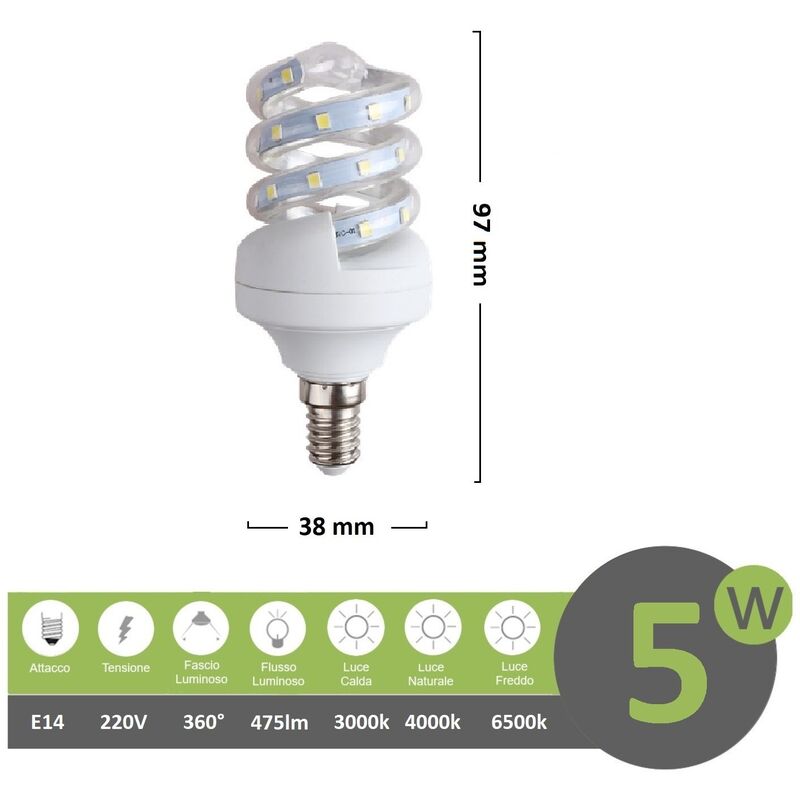 foto del prodotto lampadina led 5w e14 spirale attacco piccolo luce calda 3000k naturale4000k fredda bianca 6500k calda 3000k
